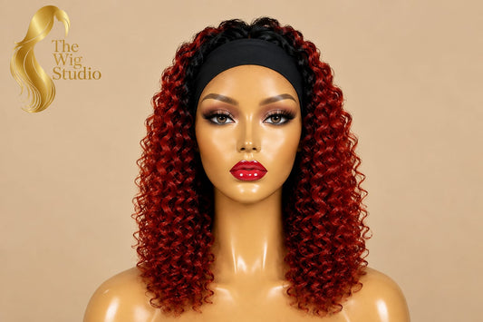 Ombre Red Curly Human Hair Headband Wig
