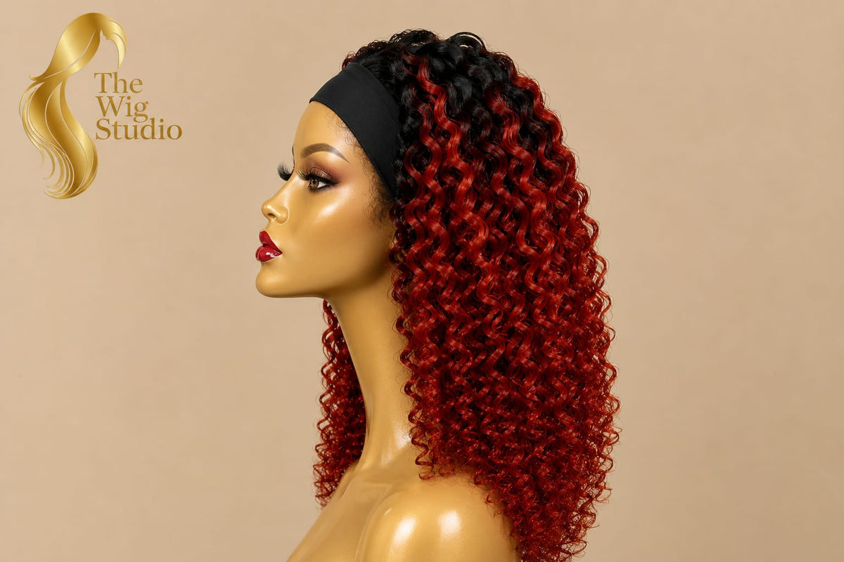 Ombre Red Curly Human Hair Headband Wig