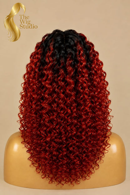 Ombre Red Curly Human Hair Headband Wig