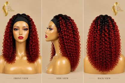 Ombre Red Curly Human Hair Headband Wig