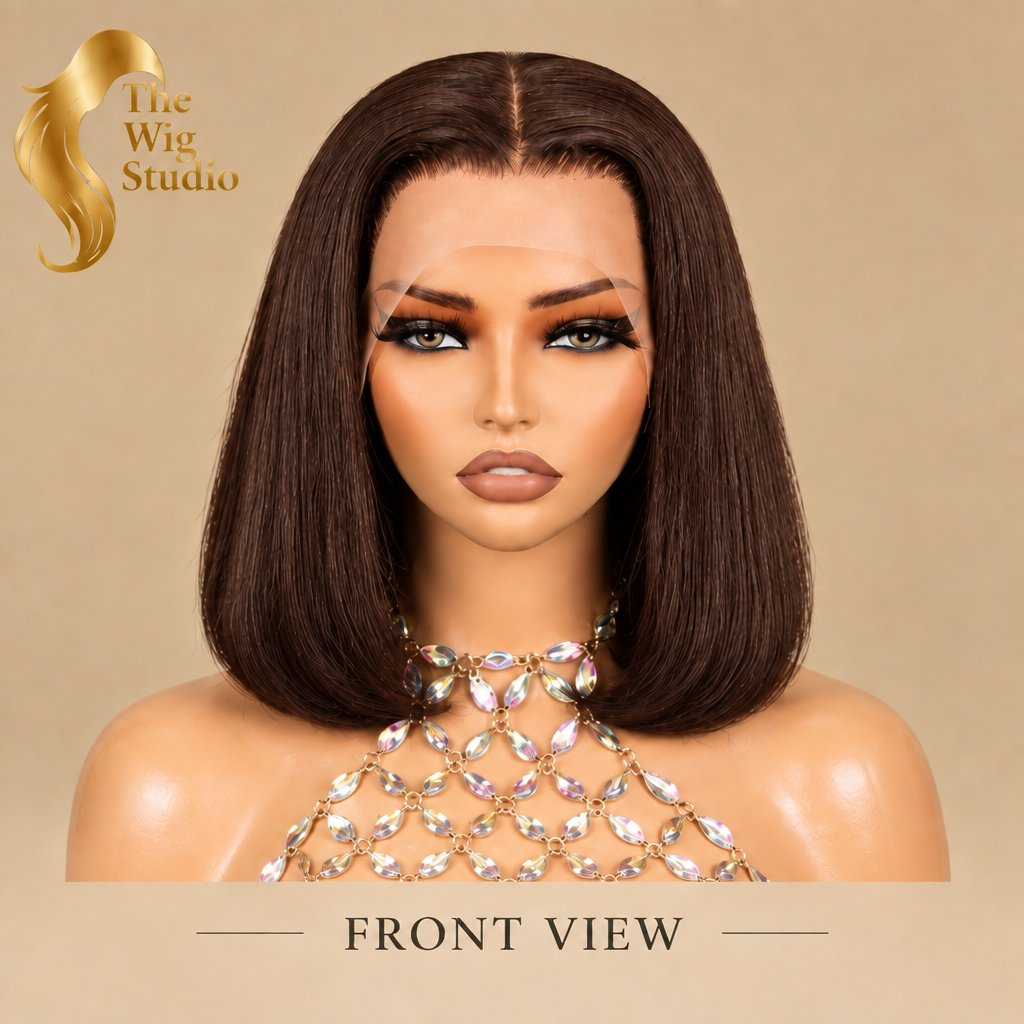 Chocolate-brown wig front view