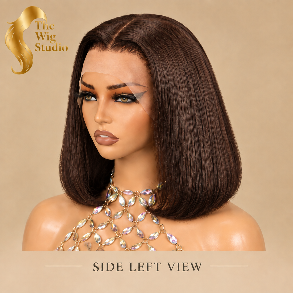 Chocolate-brown wig left-side view