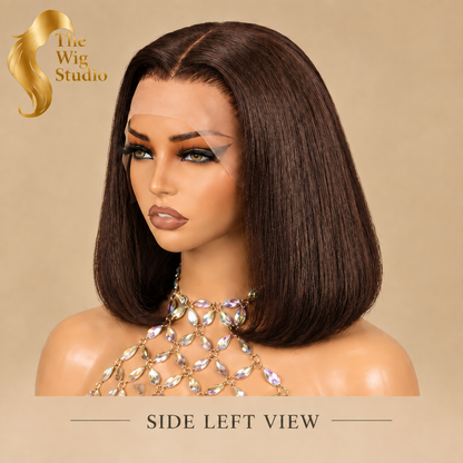 Chocolate-brown wig left-side view