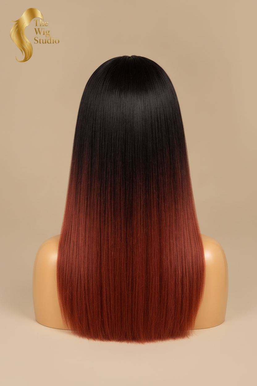 Back view of The Wig Studio™ black and burgundy ombre human hair wig
