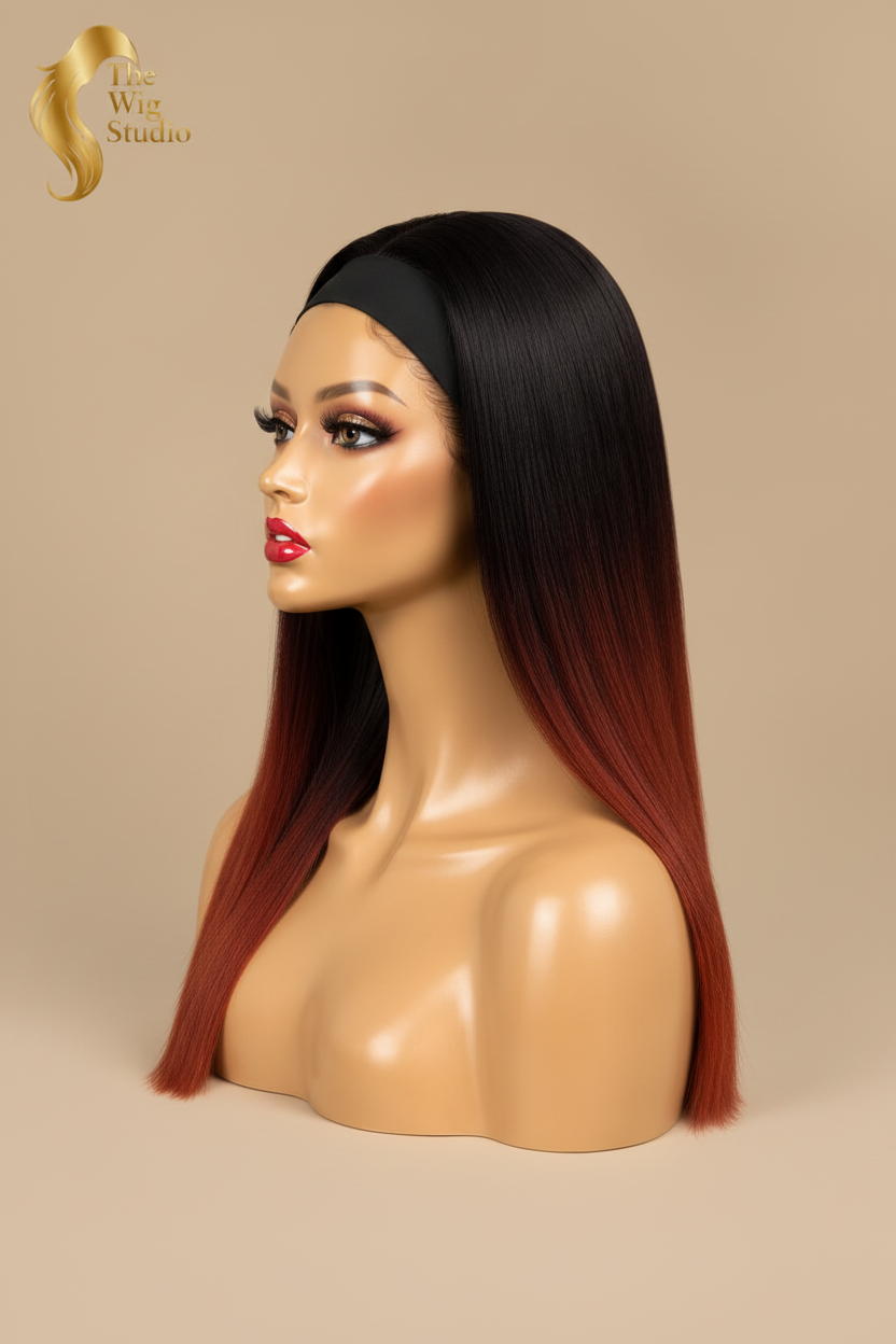 Side view of The Wig Studio™ black and burgundy ombre human hair wig