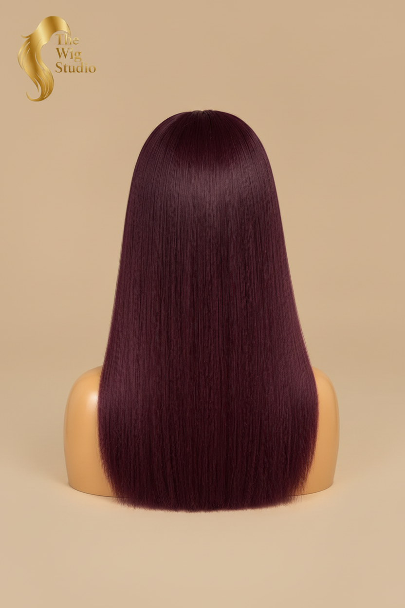 Back view of The Wig Studio™ burgundy straight human hair wig