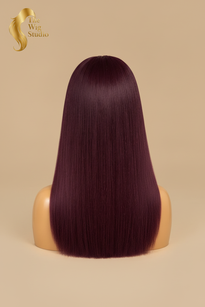 Back view of The Wig Studio™ burgundy straight human hair wig