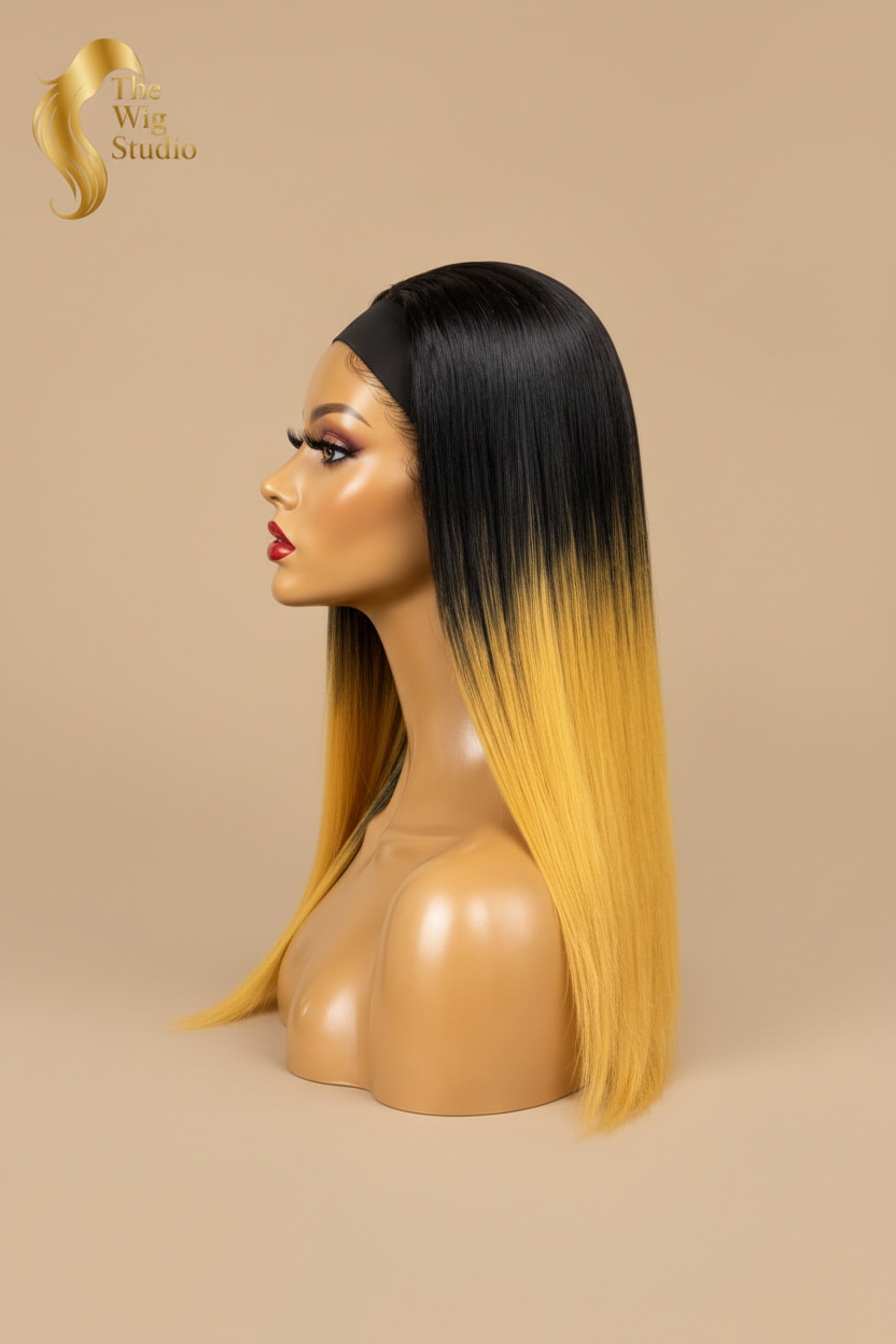 Side view of The Wig Studio™ black and blonde ombre human hair wig
