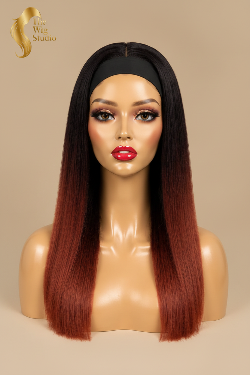 Front view of The Wig Studio™ black and burgundy ombre human hair wig
