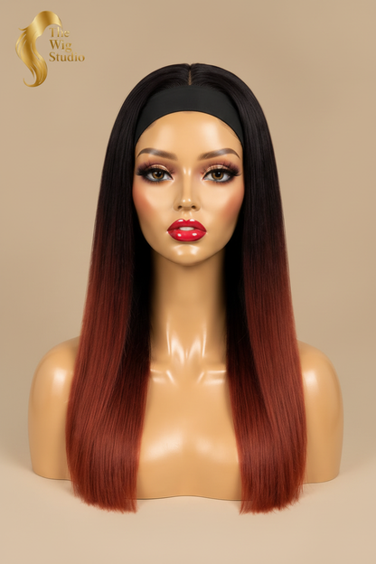 Front view of The Wig Studio™ black and burgundy ombre human hair wig