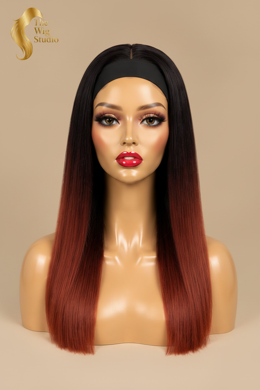 Front view of The Wig Studio™ black and burgundy ombre human hair wig