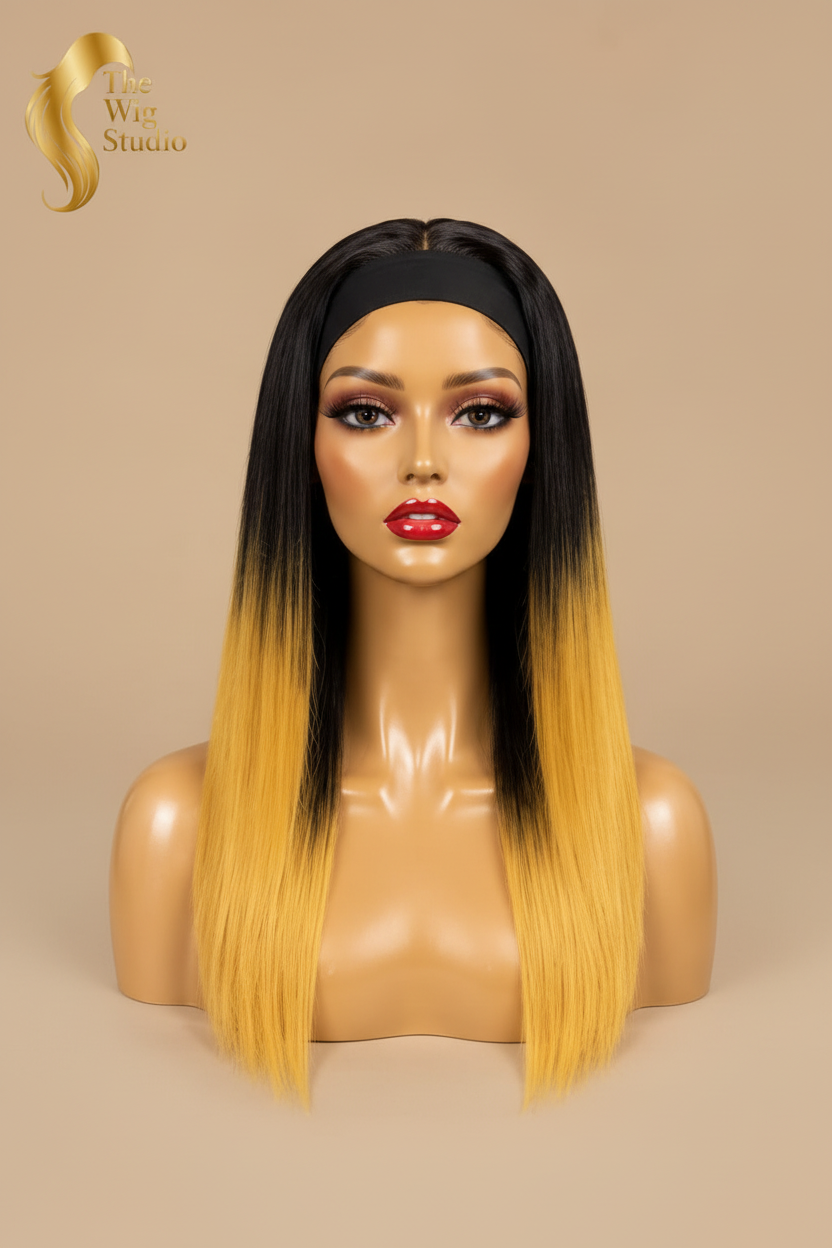 Front view of The Wig Studio™ black and blonde ombre human hair wig