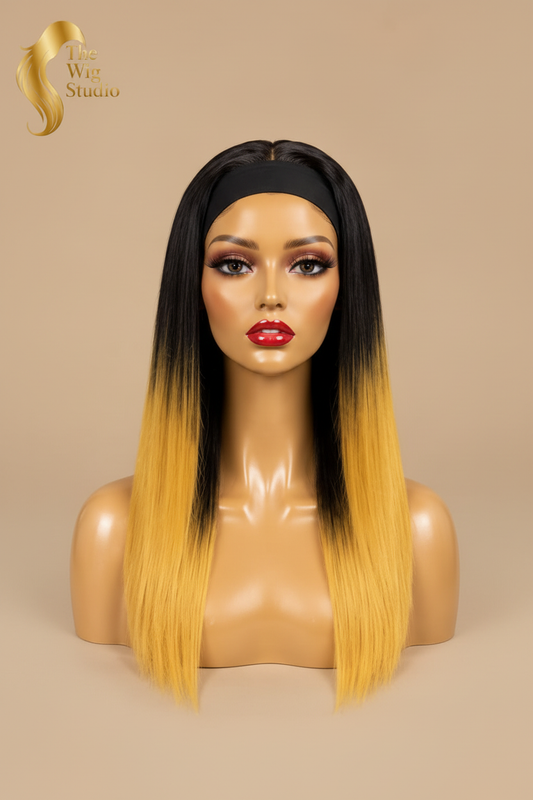 Front view of The Wig Studio™ black and blonde ombre human hair wig