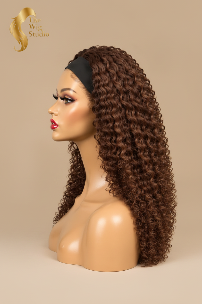 Side view of The Wig Studio™ rich brown curly human hair wig