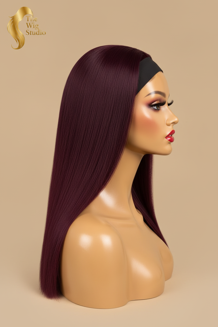 Side view of The Wig Studio™ burgundy straight human hair wig