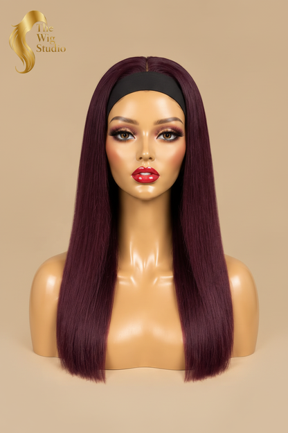 Front view of The Wig Studio™ burgundy straight human hair wig
