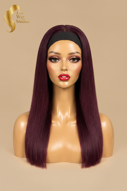 Front view of The Wig Studio™ burgundy straight human hair wig