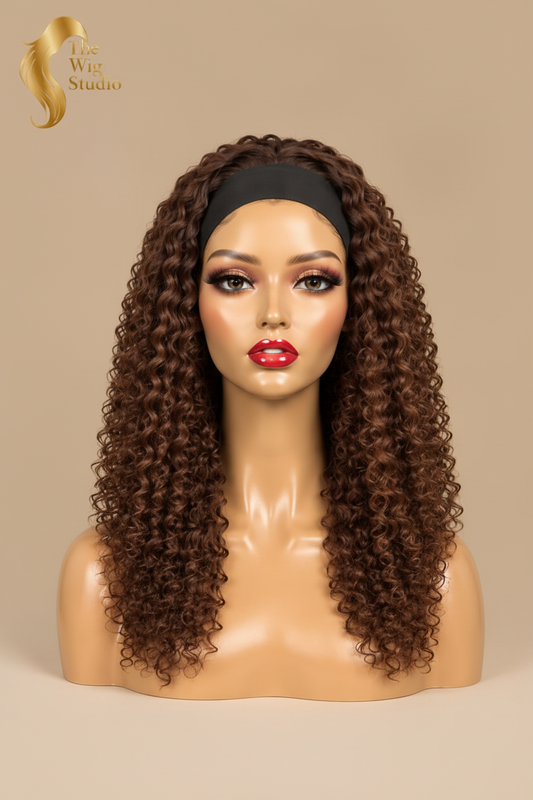 Front view of The Wig Studio™ rich brown curly human hair wig