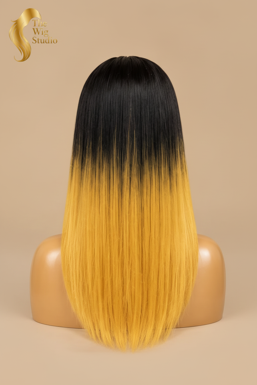 Back view of The Wig Studio™ black and blonde ombre human hair wig